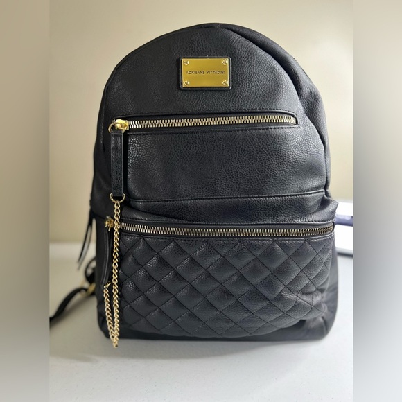 Adrienne Vittadini Medium Faux Leather Backpack Black Double Zip Chain - Picture 1 of 9